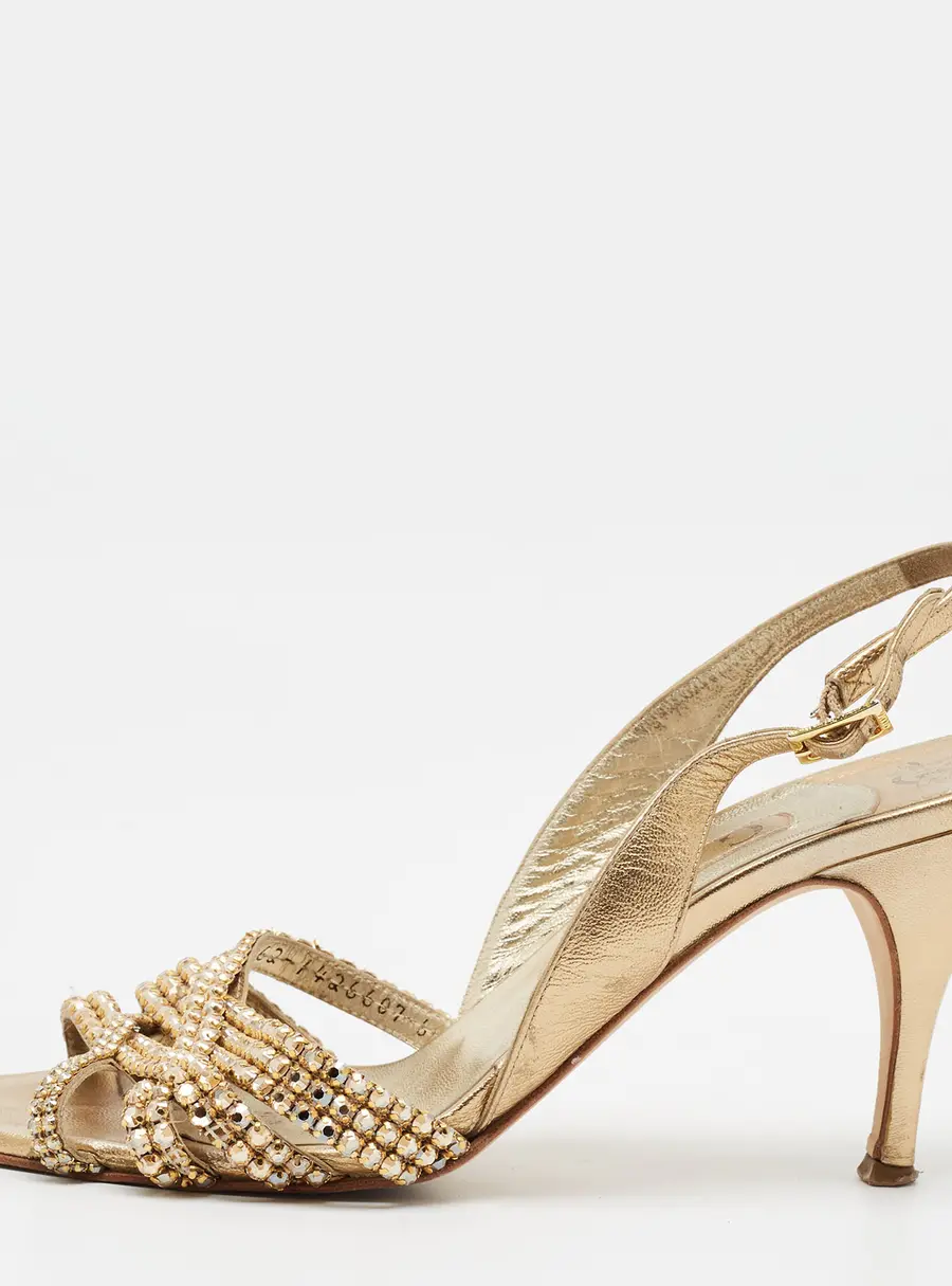 Gina Size 39 Gold Leather Crystal Embellished Slingback Sandals