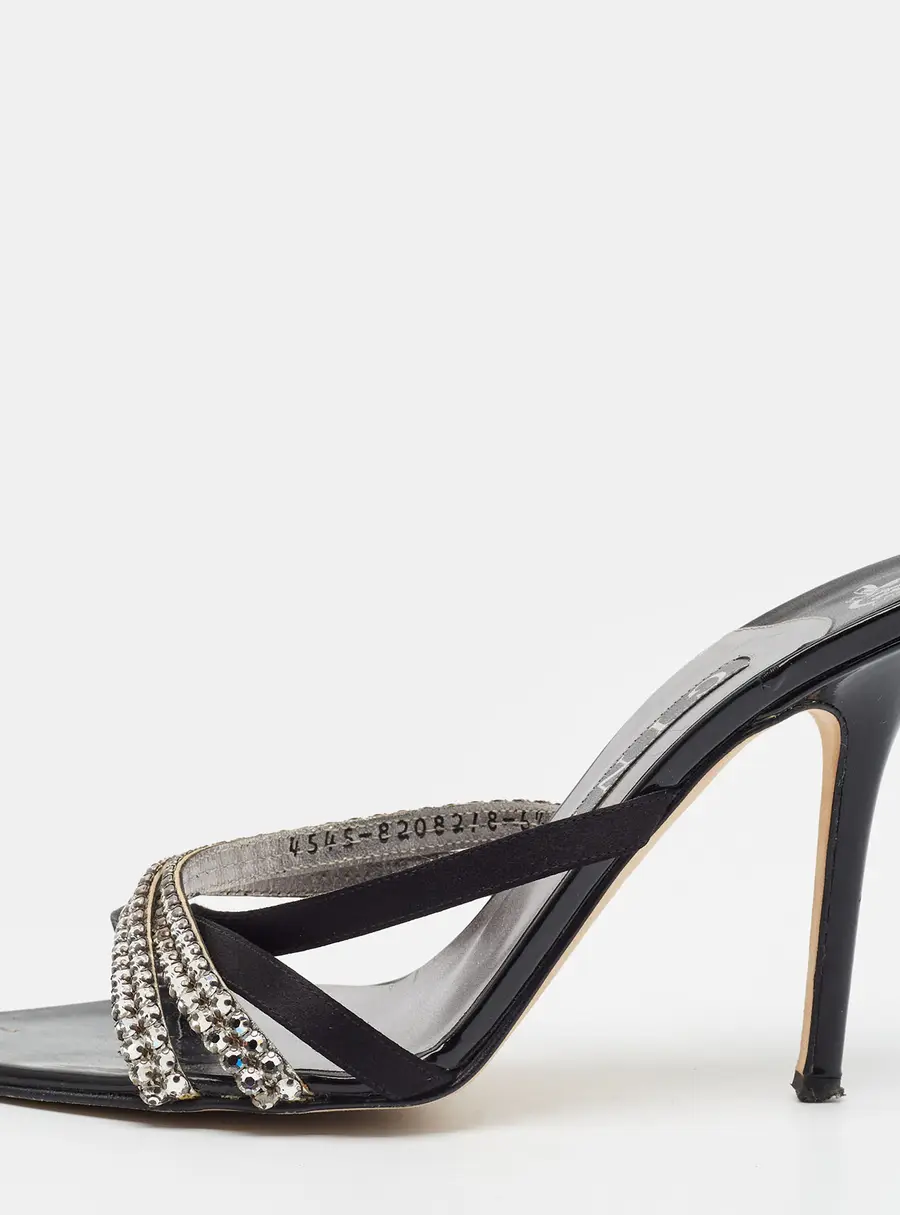 Gina Size 39.5 Black Leather and Satin Crystal Embellished Slide Sandals