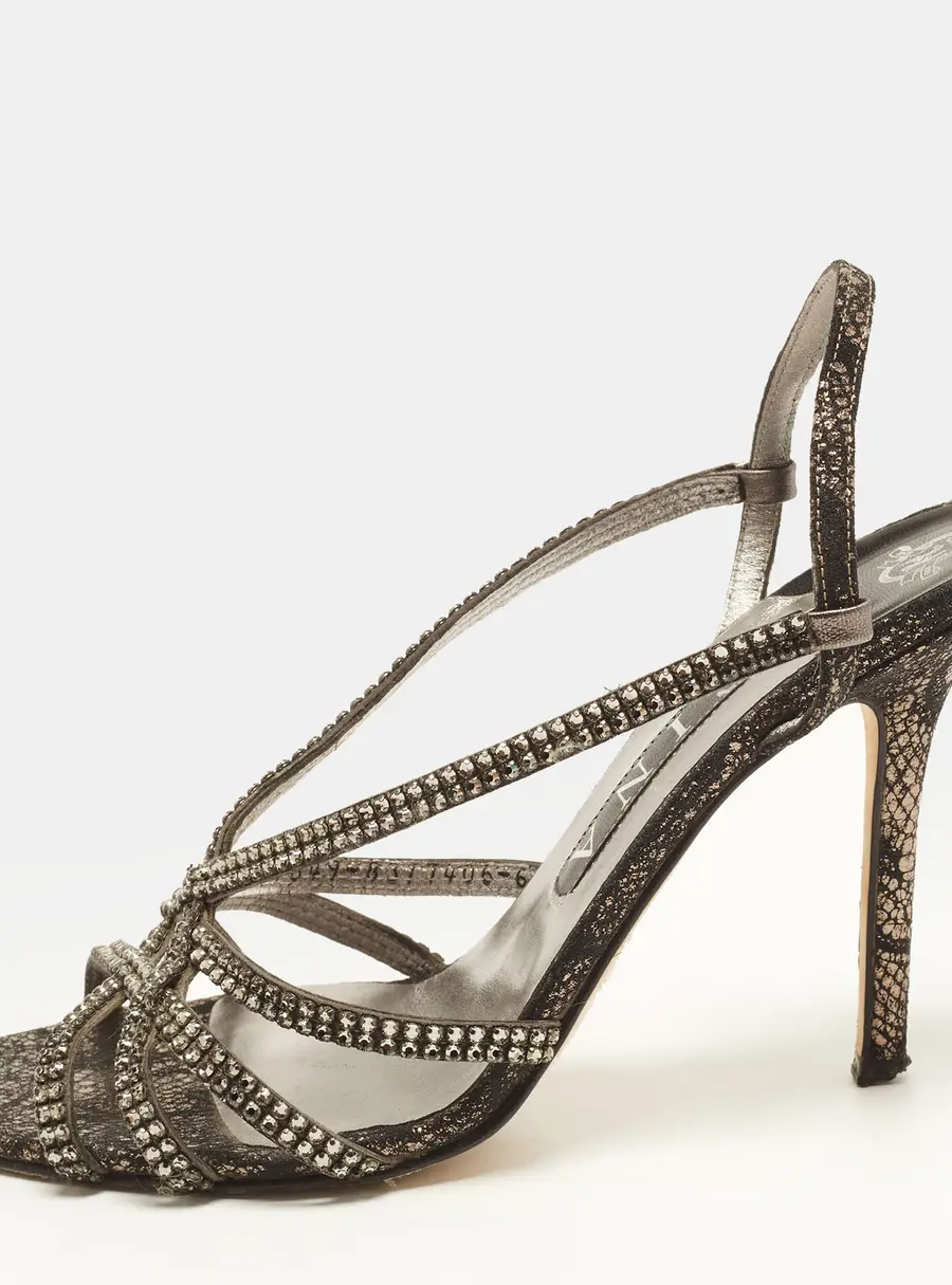 Gina Size 39 Grey Metallic Fabric Crystal Embellished Slingback Sandals