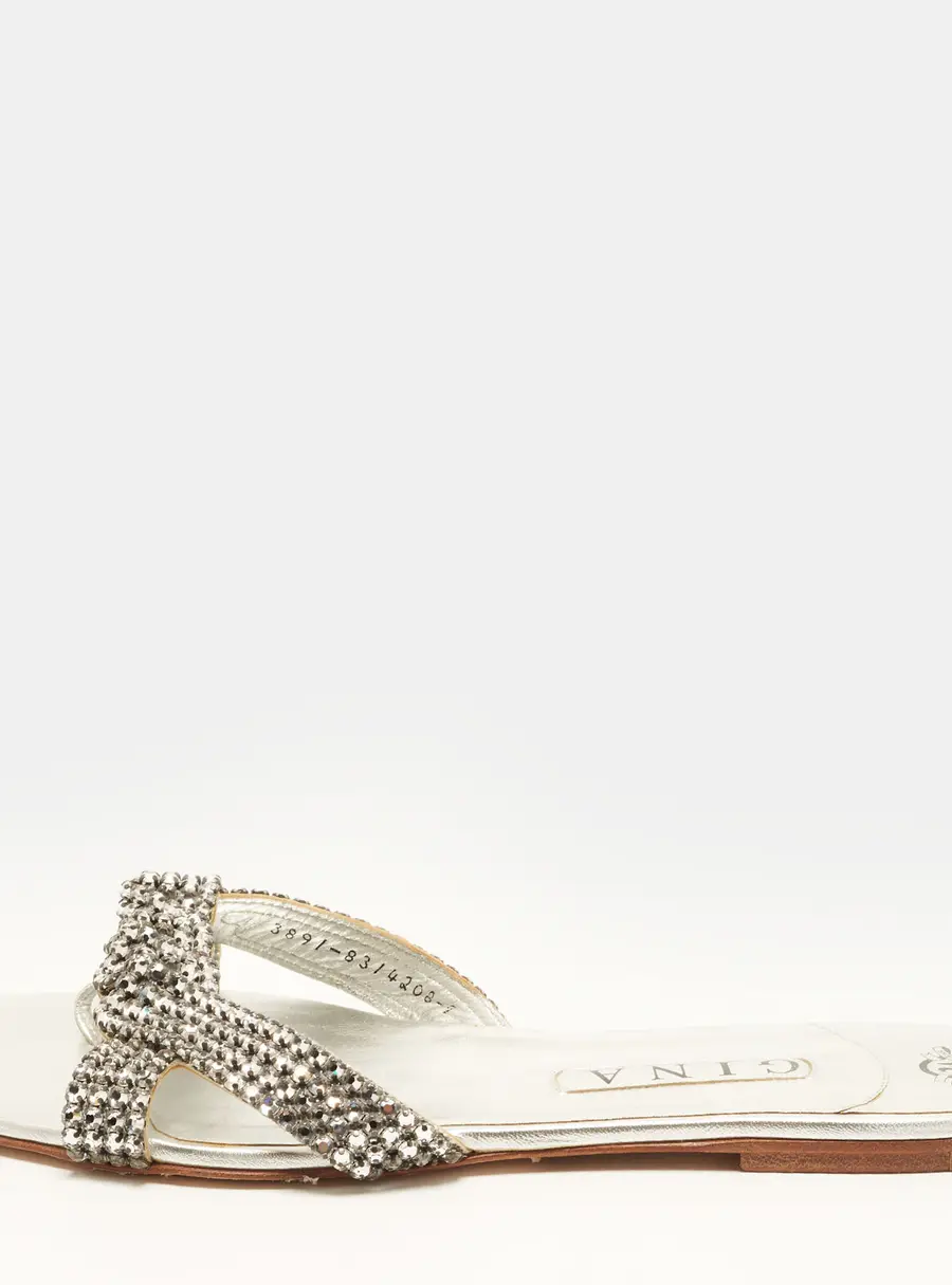 Gina Size 42 Silver Leather Crystal Embellished Flat Slides