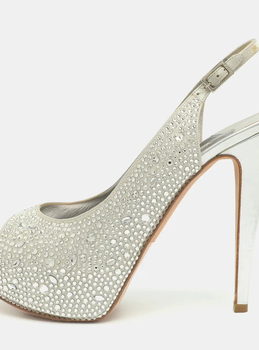 Gina Crystal Embellished Size 40.5 Silver Satin Slingback Platform Pumps