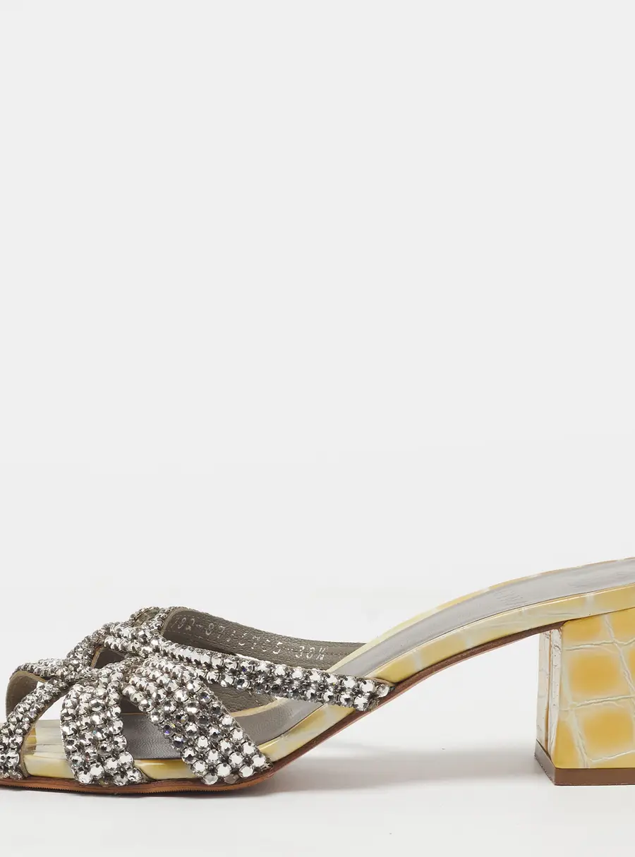 Gina Size 38.5 Light Yellow/White Croc Embossed Patent Leather Block Heel Slide Sandals