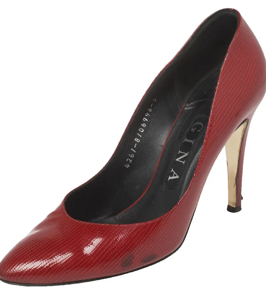 Gina Red Glossy Lizard Embossed Leather Pointed Toe Pumps Size 38