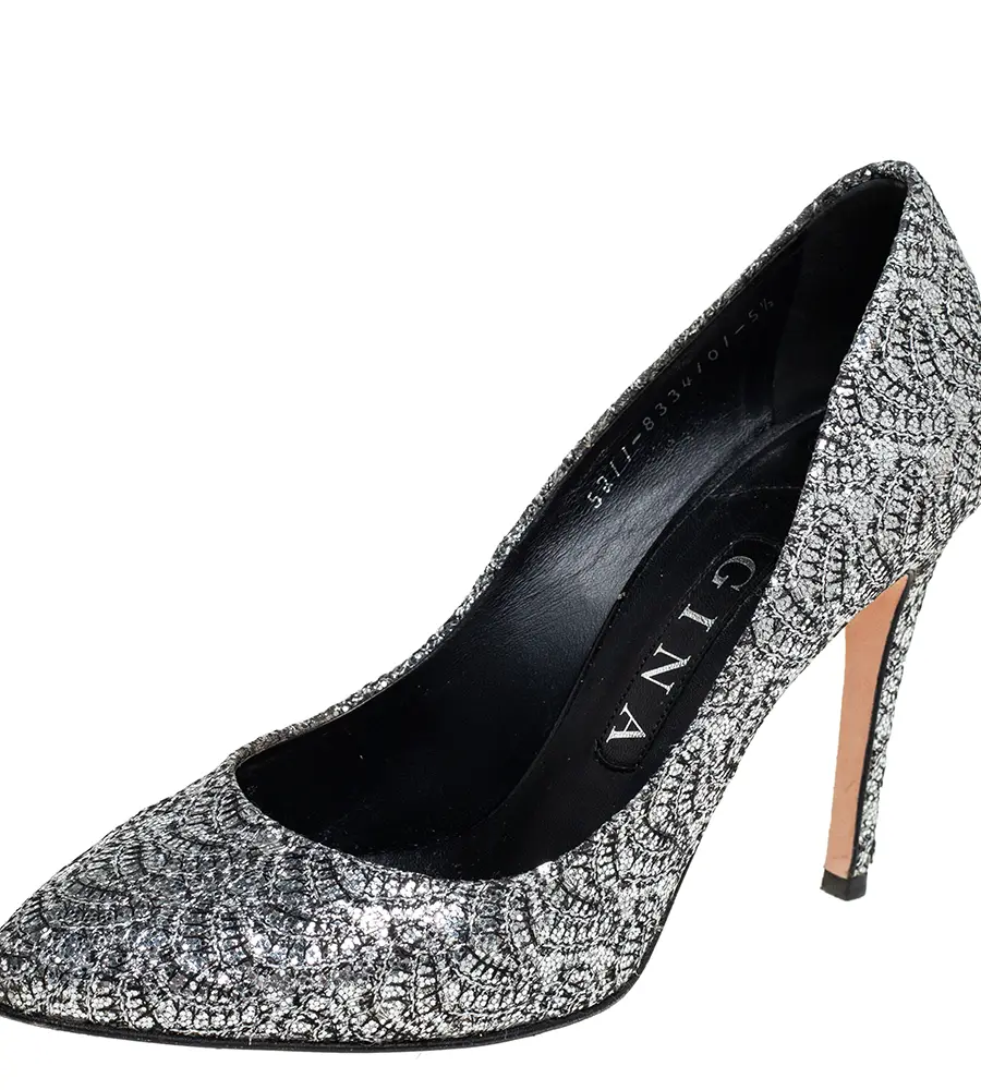 Gina Metallic Silver Lurex And Glitter Slip On Pumps Size 38.5