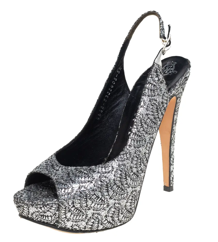 Gina Metallic Silver Glitter Peep Toe Platform Slingback Sandals Size 38.5