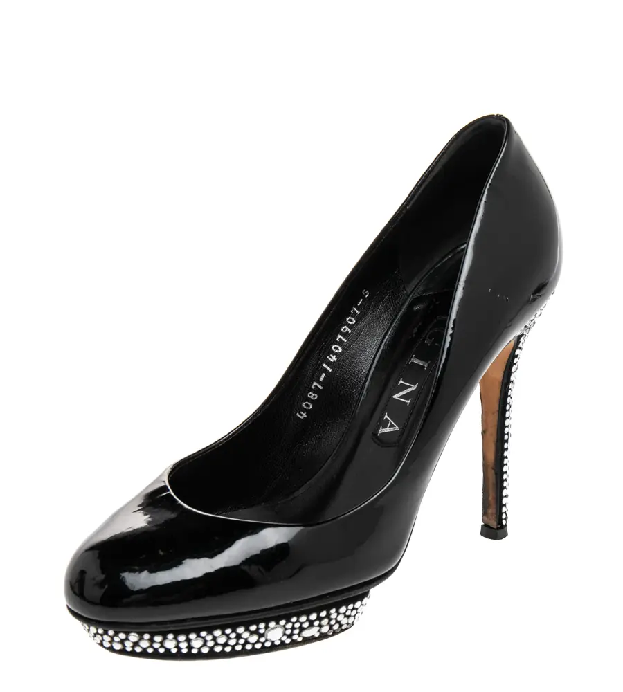 Gina Black Patent Leather Crystal Embellished Pumps Size 38