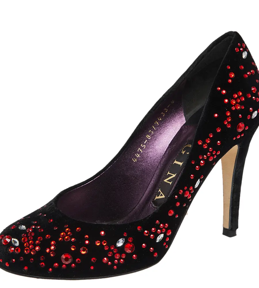 Gina Black Velvet Embellished Round Toe Pumps Size 37