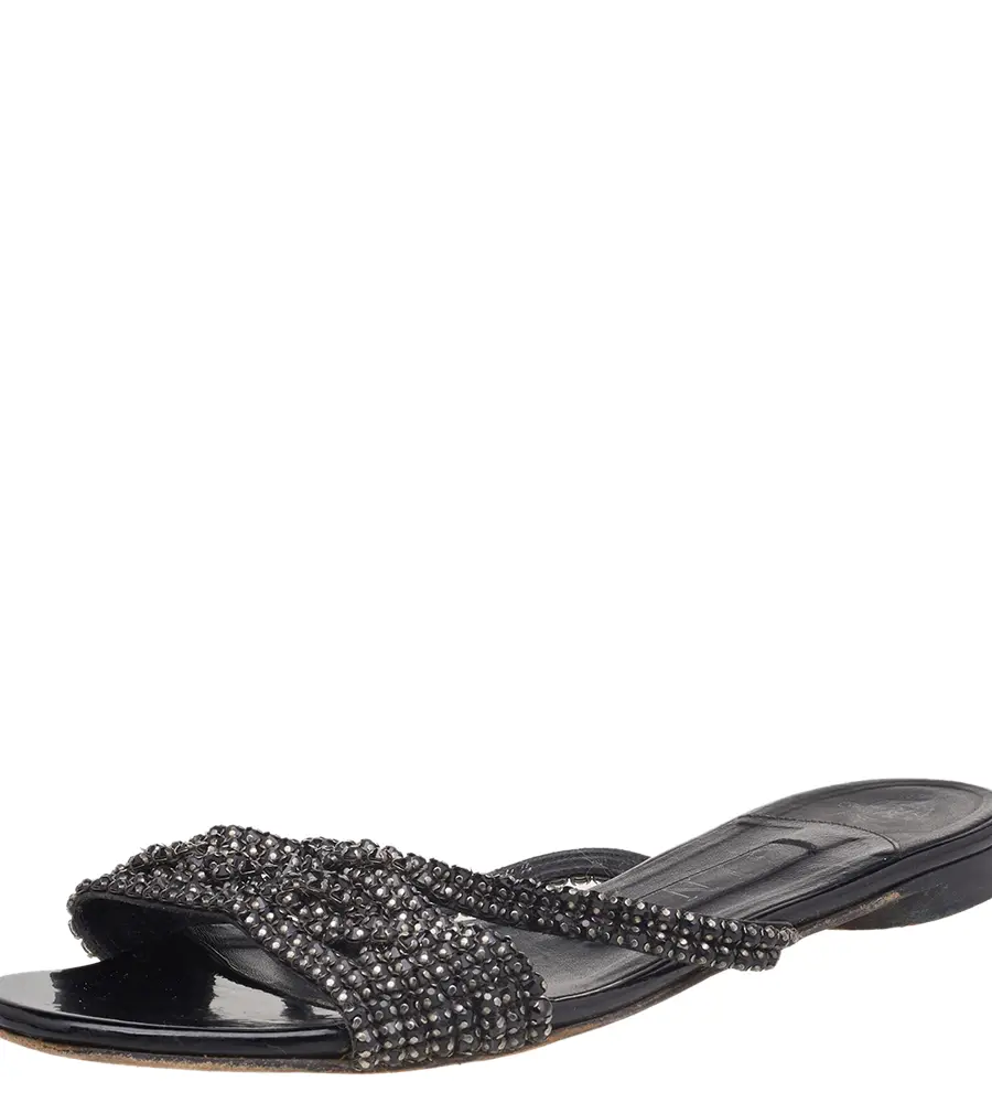 Gina Black Crystal Embellished Leather Flat Slides Size 37.5