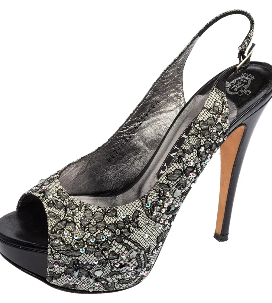 Gina Black Lace Crystal Embellished Peep Toe Slingback Platform Pumps Size 37.5