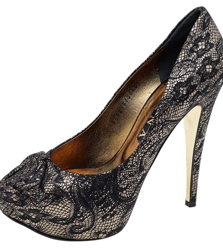 Gina Black/Gold Lace and Leather Platform Pumps Size 40