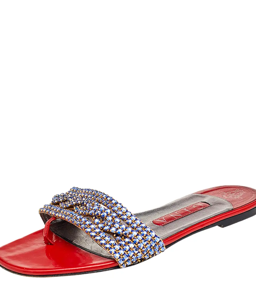 Gina Red/Blue Crystal Embellished Patent Leather Thong Flat Slides Size 37.5