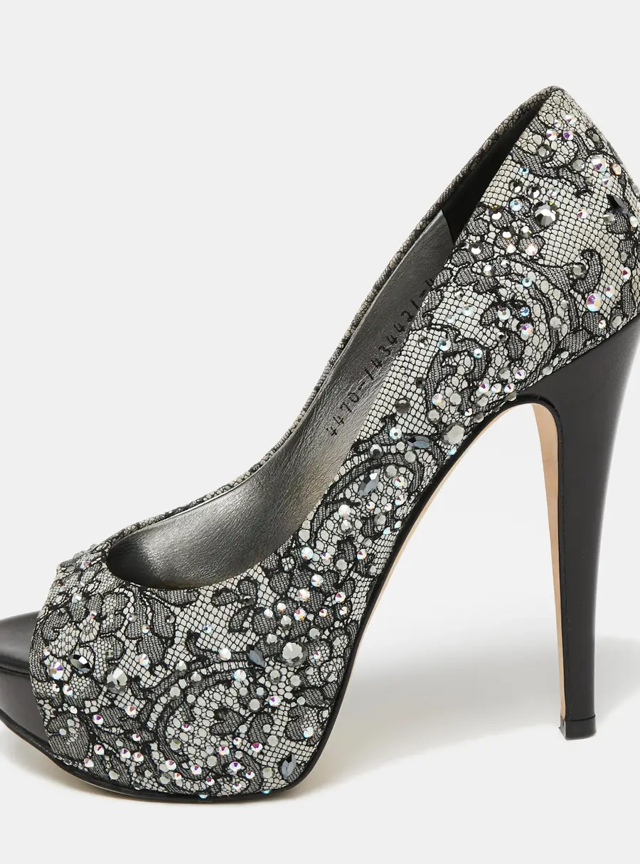 Gina Grey/Black Lace Crystal Embellished Open Peep Platform Pumps Size 37