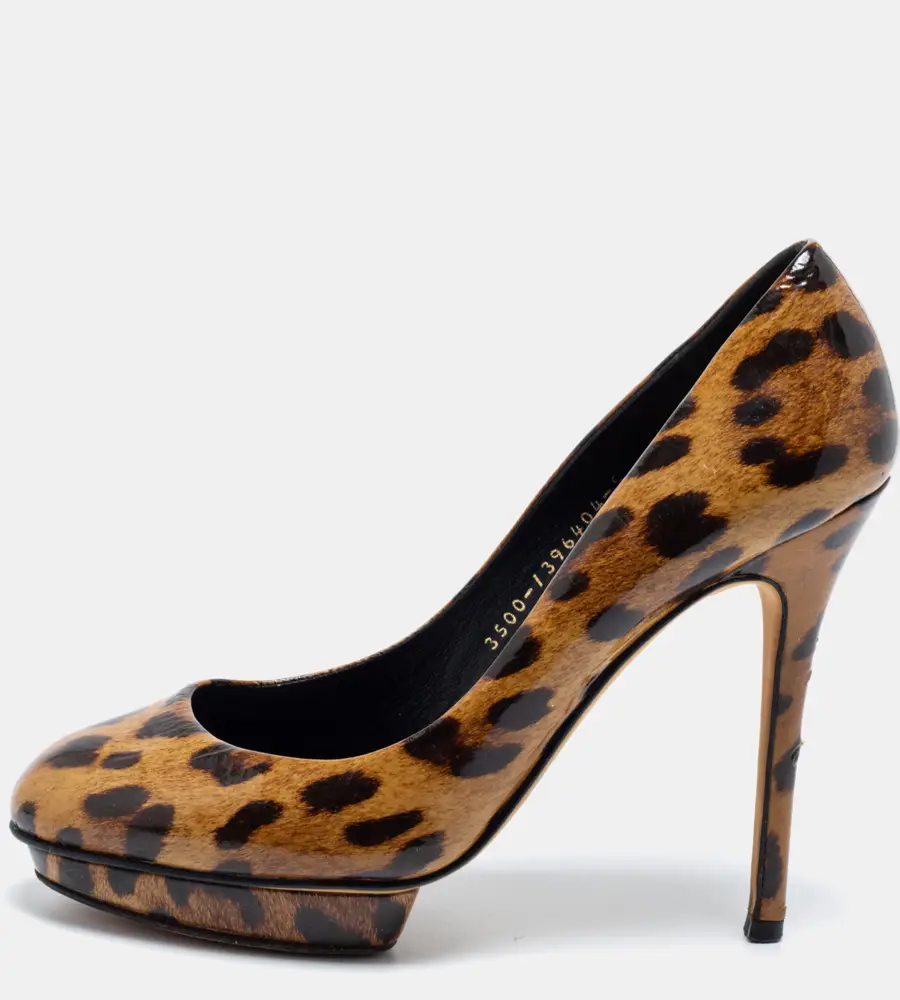 Gina Brown Leopard Print Patent Leather Round Toe Pumps Size 38