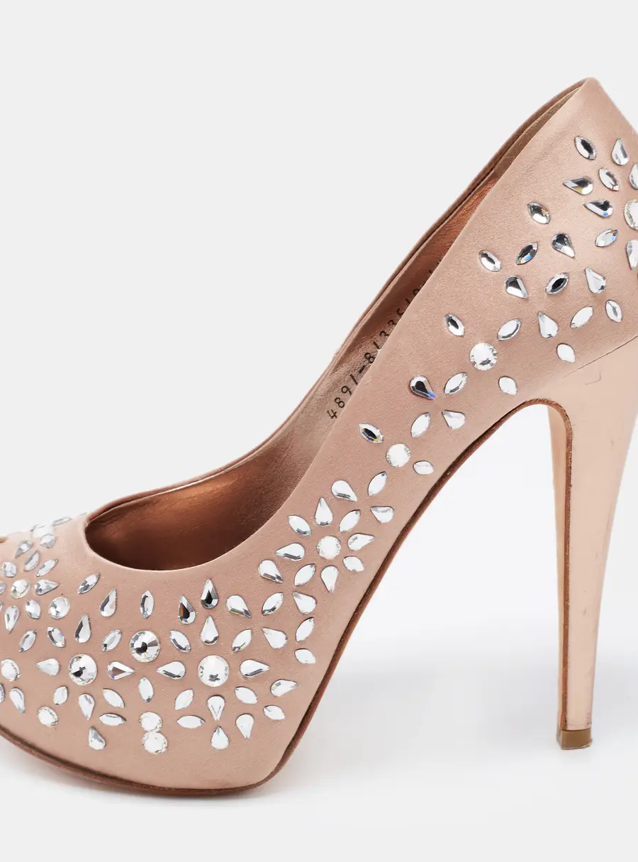 Gina Beige Satin Embellished Peep Toe Platform Pumps Size 39.5