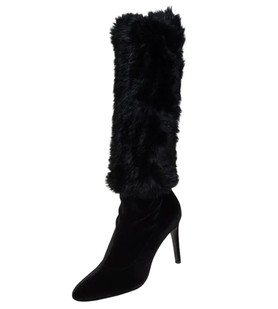 Giuseppe Zanotti Black Stretch Fabric And Fur Bimba Knee High Boots Size 40
