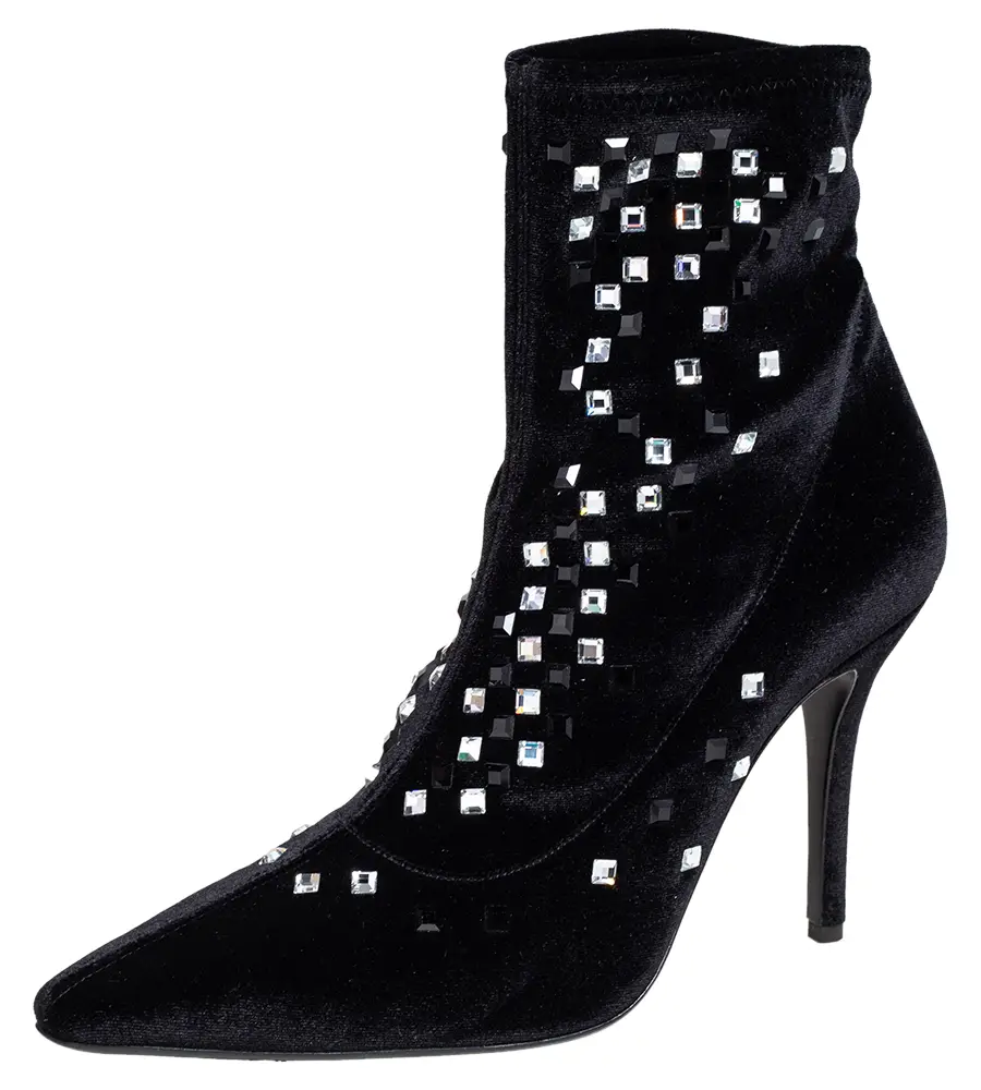 Giuseppe Zanotti Black Velvet Crystal Embellished Ankle Boots Size 39