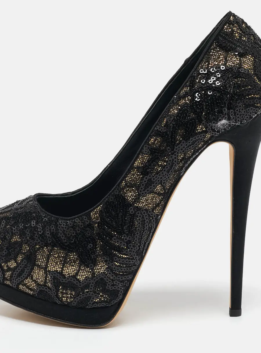 Giuseppe Zanotti Black Glitter and Sequins Peep Toe Pumps Size 39.5
