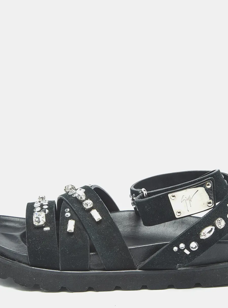 Giuseppe Zanotti Crystal Embellished Size 36 Black Suede Flat Sandals