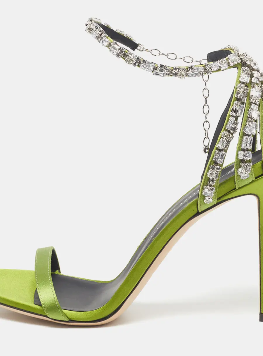 Giuseppe Zanotti Adele Size 38 Green Satin Crystal Embellished  Ankle Strap Sandals