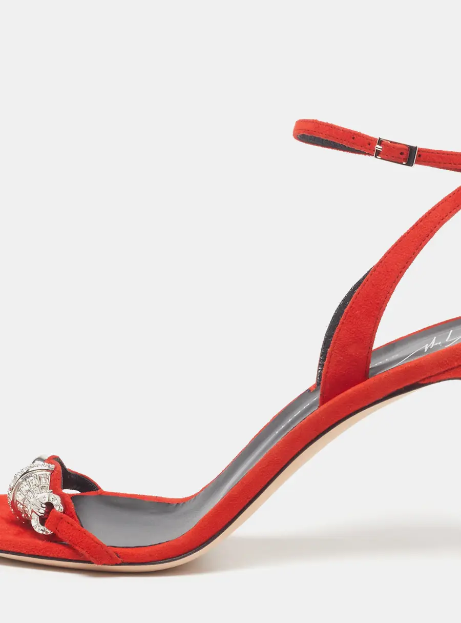 Giuseppe Zanotti Size 38 Red Suede Crystal Embellished Ankle Strap Sandals