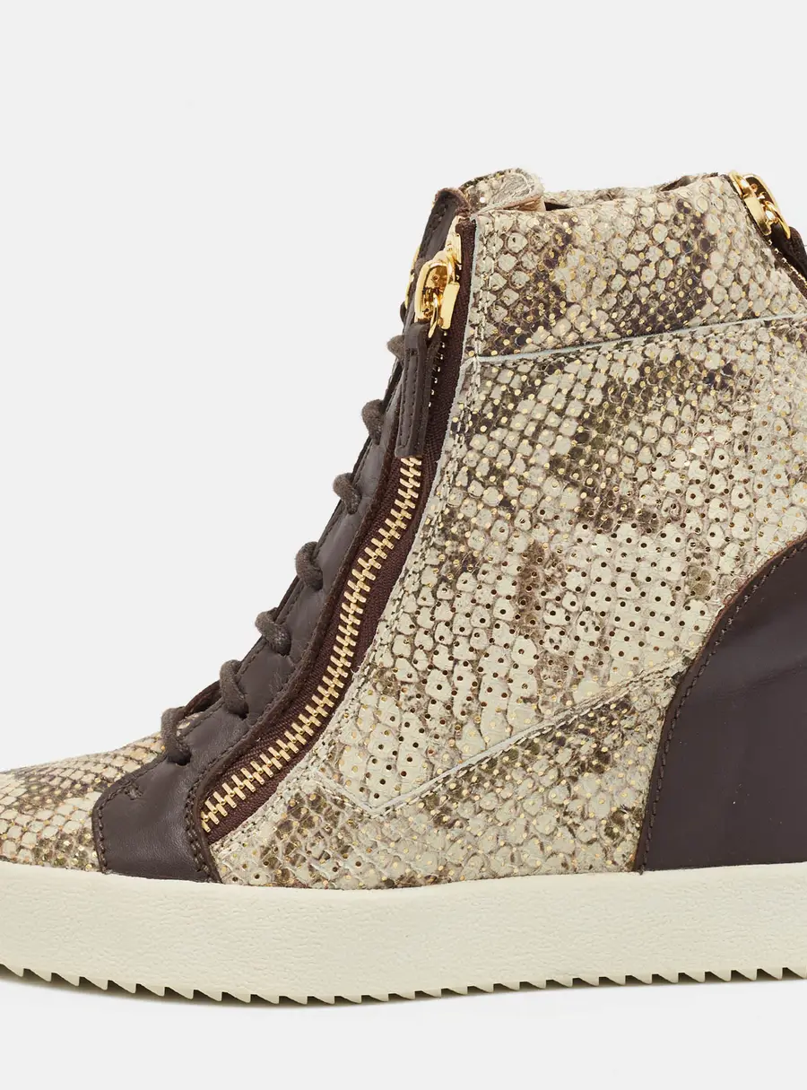 Giuseppe Zanotti Size 38.5 Metallic/Brown Python Embossed and Leather Wedge Sneakers