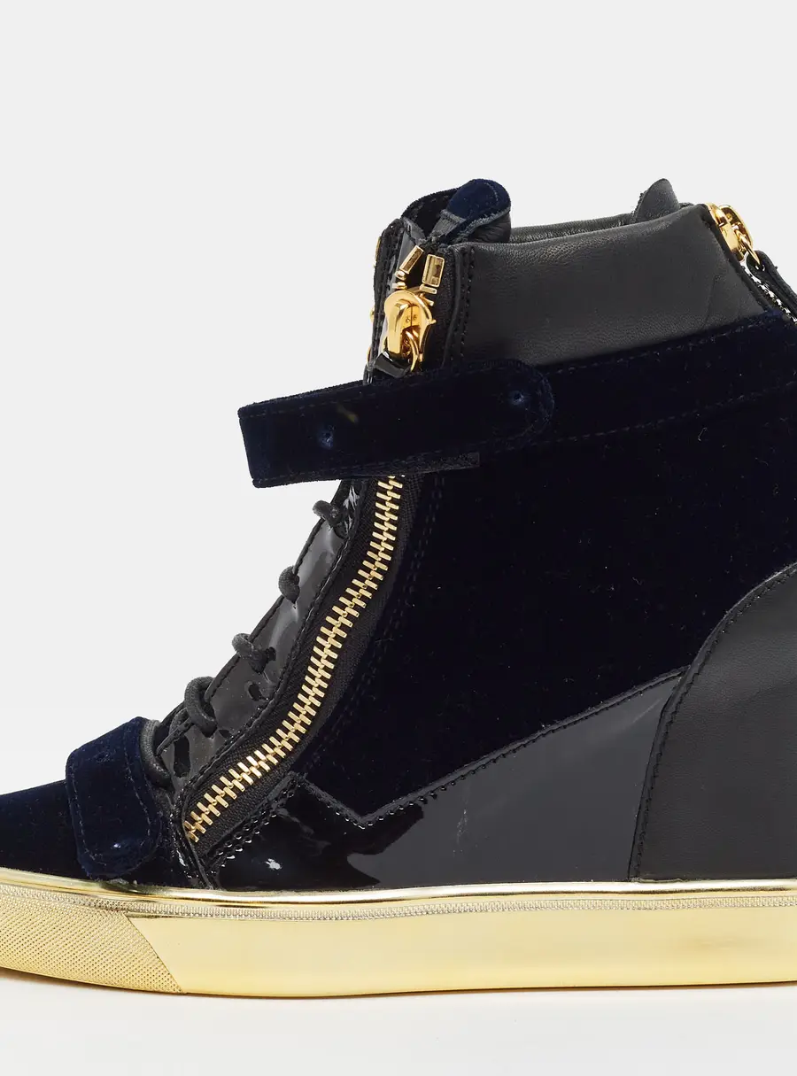 Giuseppe Zanotti Coby Size 39 Black/Navy Blue Patent Leather and Velvet Wedge Sneakers