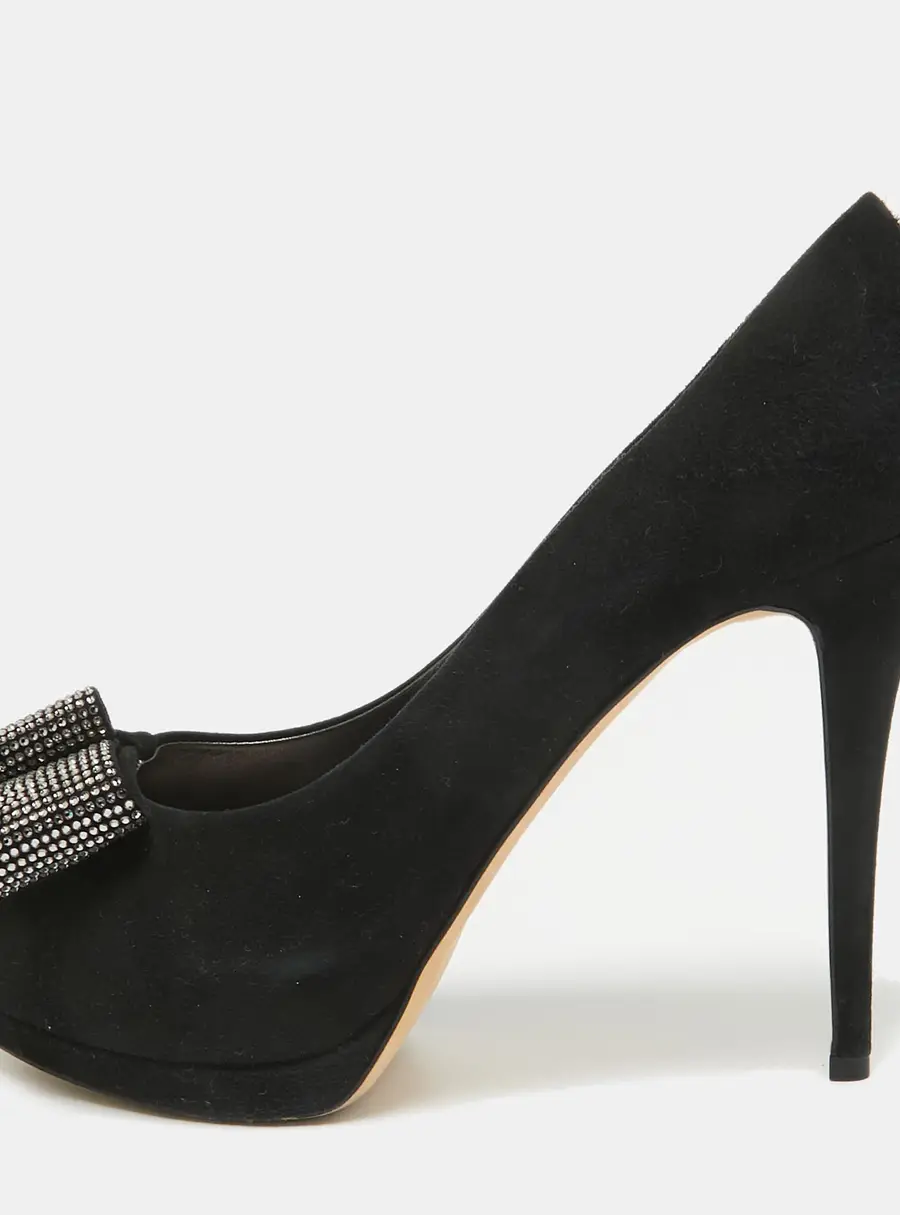 Giuseppe Zanotti Black Suede Crystal Embellished Bow Peep Toe Platform Pumps Size 41