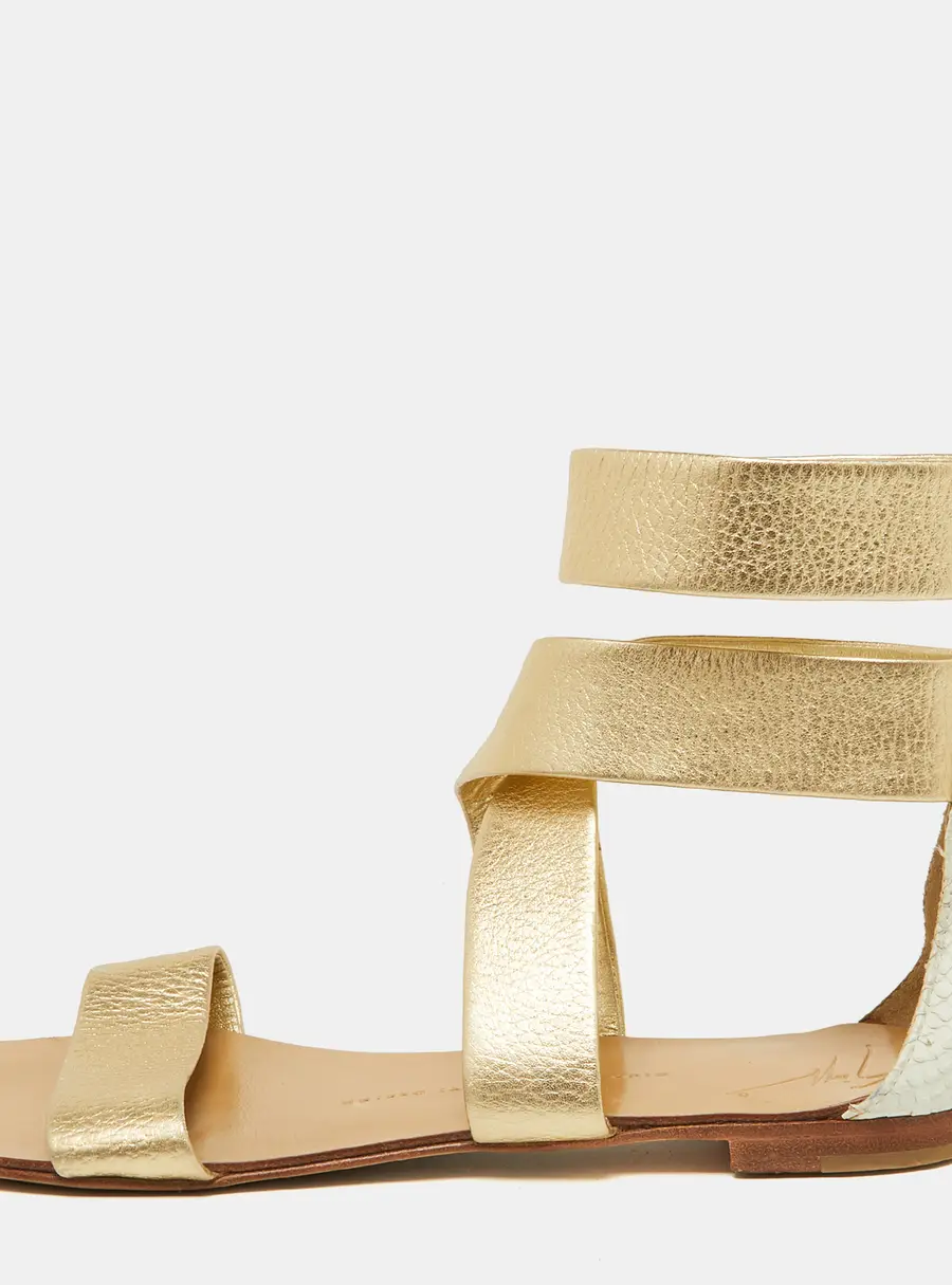 Giuseppe Zanotti Gold/White Python Embossed Leather Ankle Cuff Flat Sandals Size 38