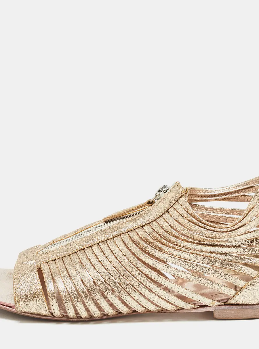 Giuseppe Zanotti Gold Glitter Zipped Caged Flat Sandals Size 36