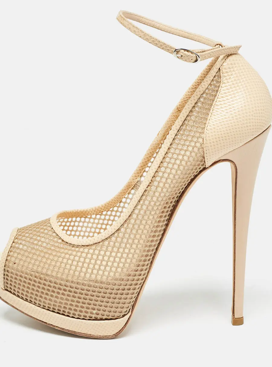 Giuseppe Zanotti Beige Mesh and Lizard Embossed Leather Peep Toe Pumps Size 40.5