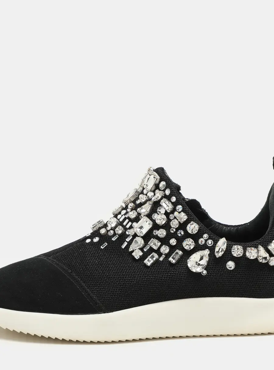Giuseppe Zanotti Black Crystal Embellished Suede And Mesh May London Slip On Sneakers Size 36
