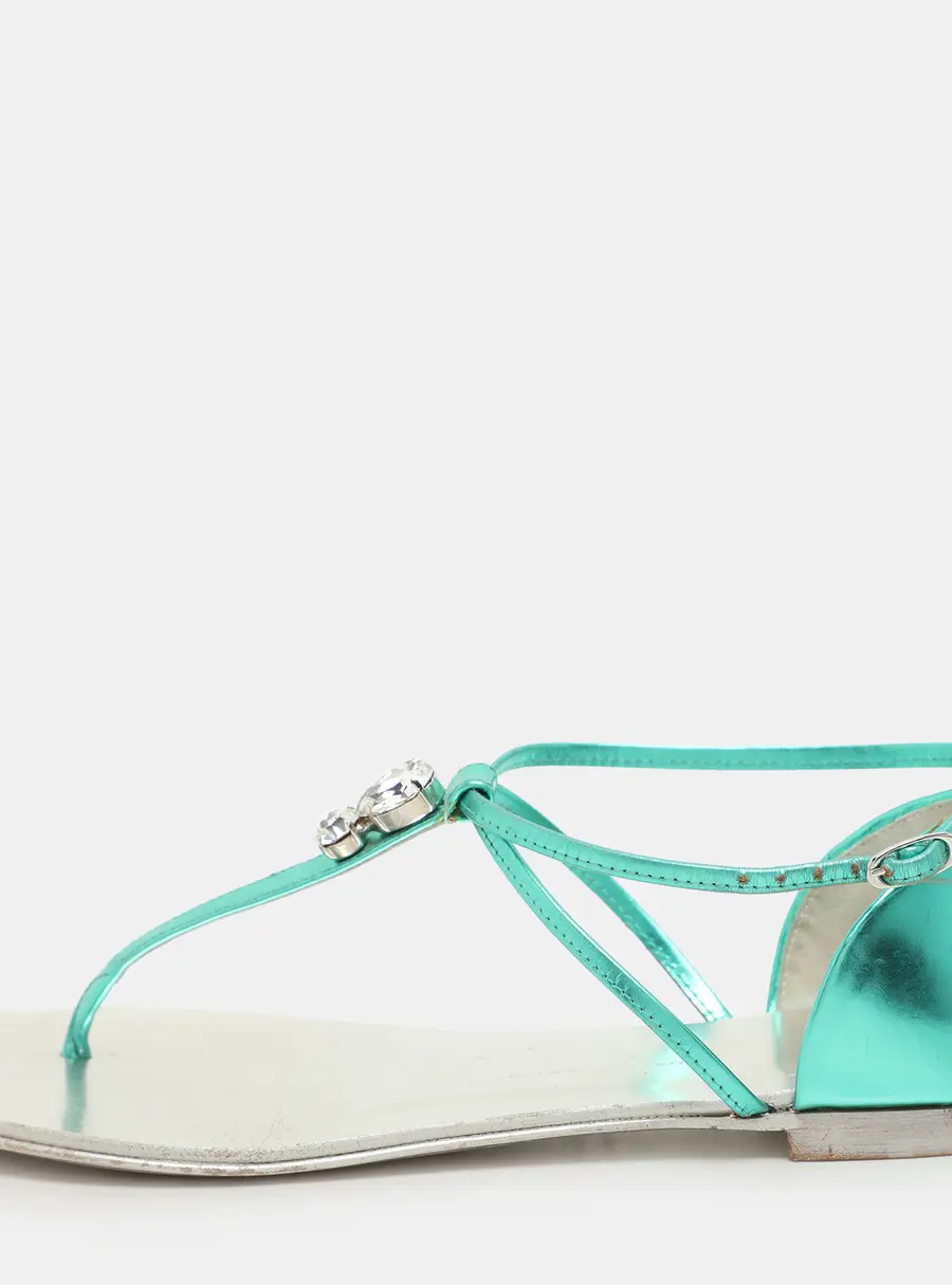 Giuseppe Zanotti Green Leather Embellished Flat Sandals Size 36
