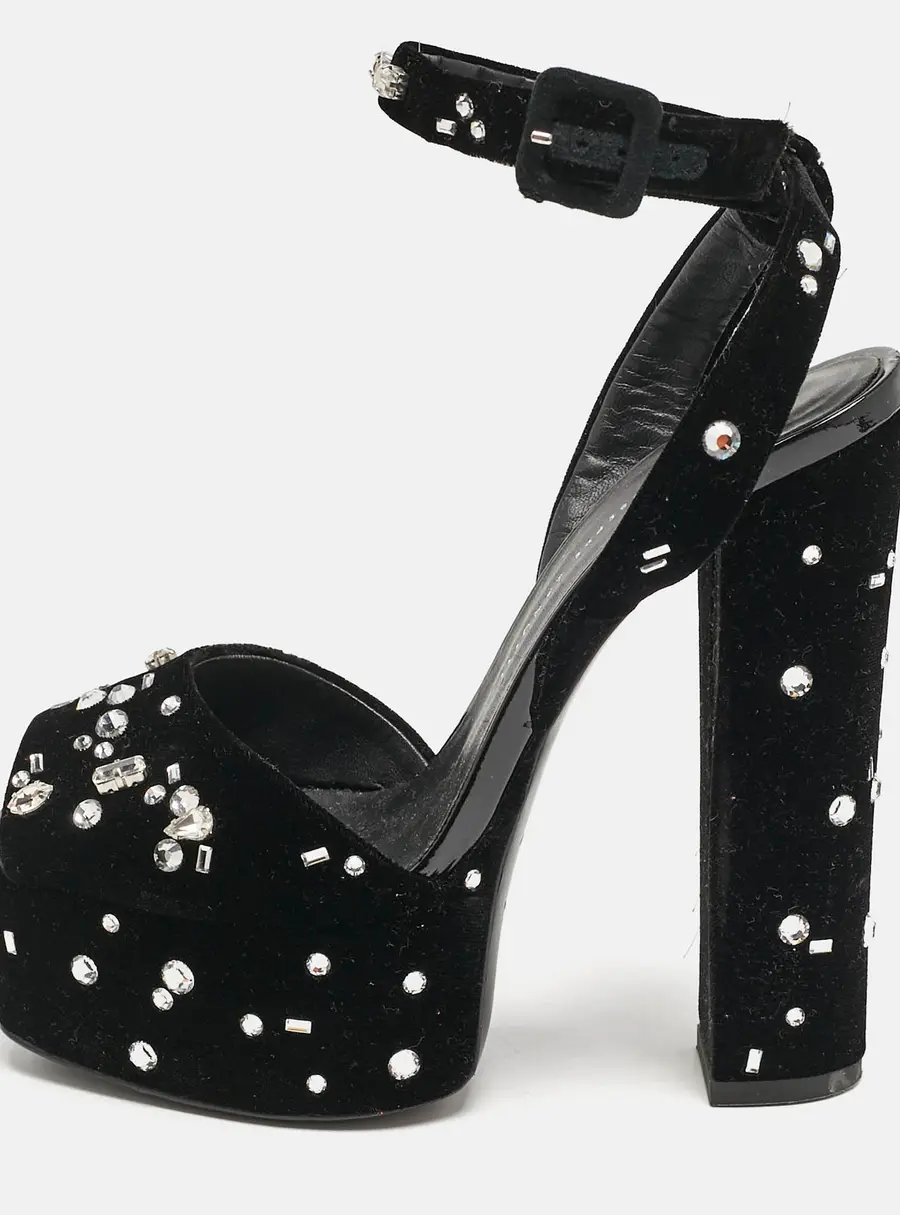 Giuseppe Zanotti Black Velvet Crystal Embellished Ankle Strap Platform Sandals Size 36