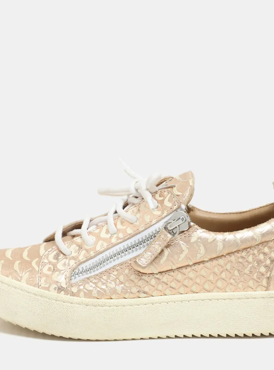 Giuseppe Zanotti Metallic Rose Gold Leather Double Zip Low Top Sneakers Size 37