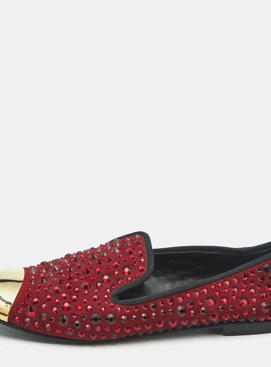 Giuseppe Zanotti Burgundy Suede Cap Toe Crystals Embellished Smoking Slippers Size 41