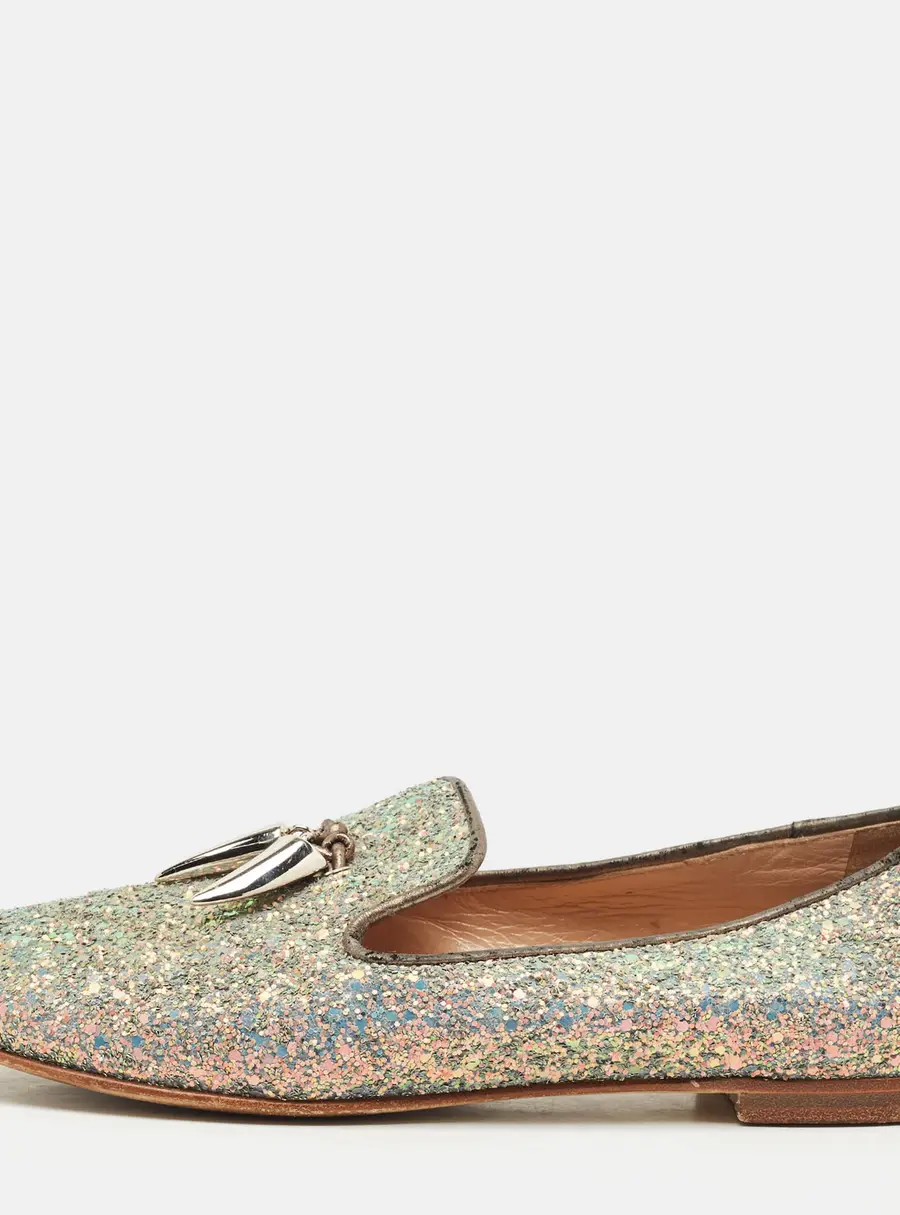 Giuseppe Zanotti Multicolor Glitter and Suede Shark Tooth Smoking Slippers Size 38.5