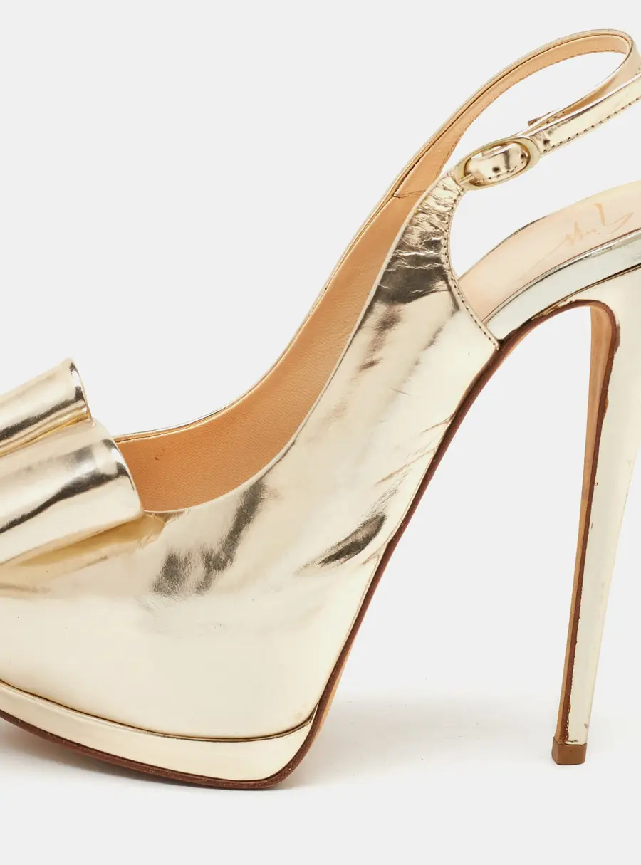 Giuseppe Zanotti Metallic Gold Leather Bow Embellished Platform Slingback Pumps Size 38.5