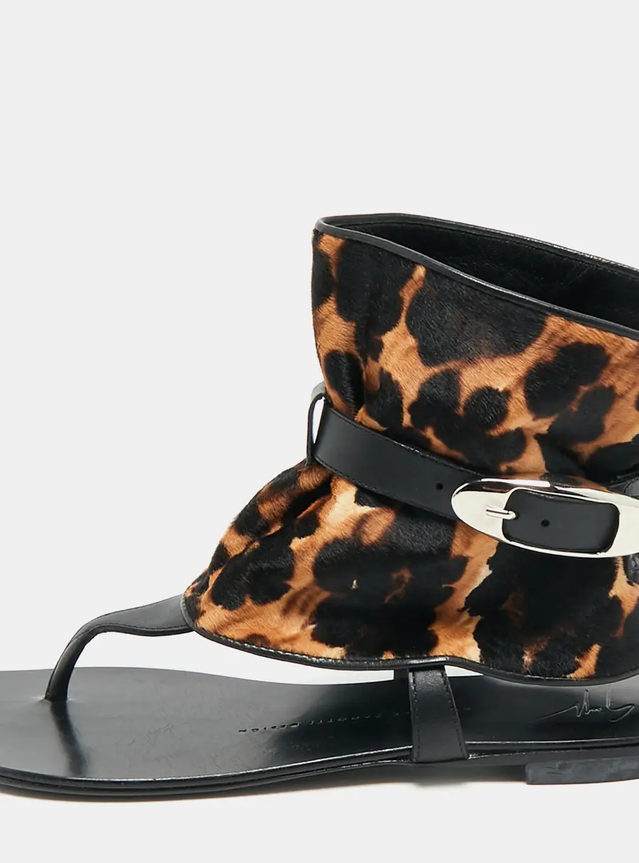 Giuseppe Zanotti Black/Brown Leather and Leopard Print Hair On Buckle Detail Flat Sandals Size 37