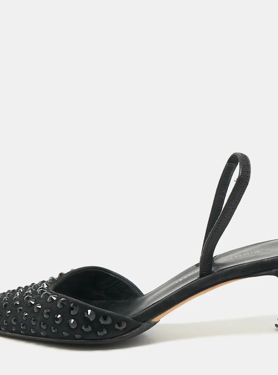 Giuseppe Zanotti Black Satin Crystal Embellished Slingback Pumps Size 36
