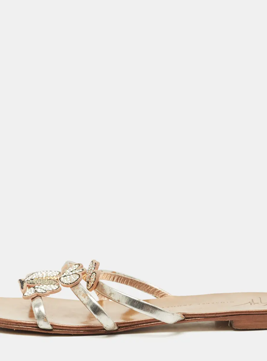 Giuseppe Zanotti Silver Leather  Crystal Embellished Flat Slides Size 37