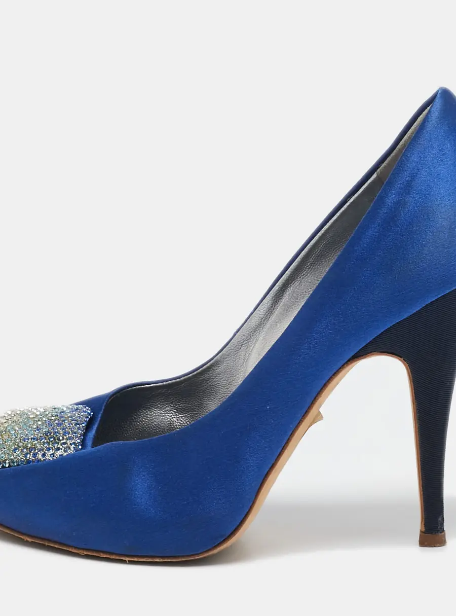 Giuseppe Zanotti Blue Satin Crystal Embellished Peep Toe Platform Pumps Size 37