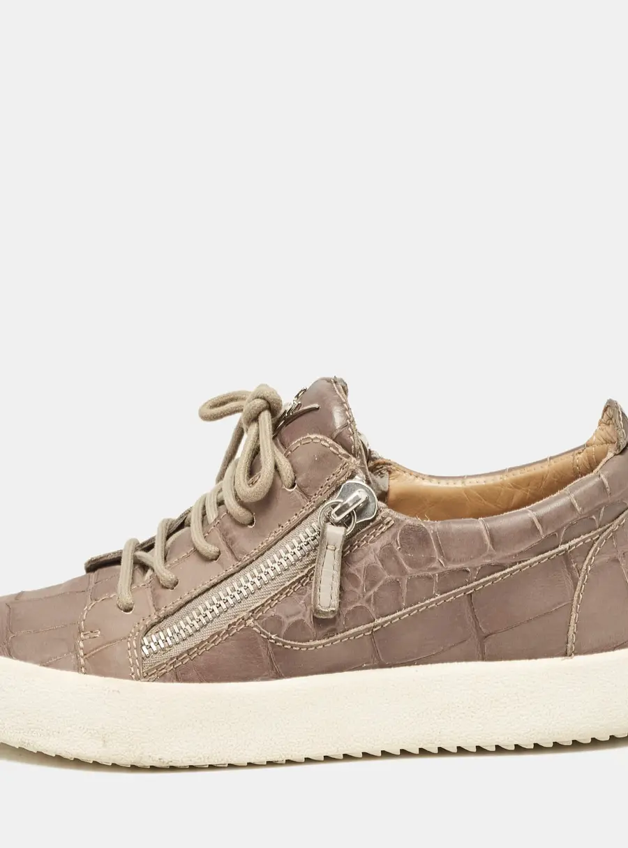 Giuseppe Zanotti Taupe Grey Croc Embossed Leather Frankie Low Top Sneakers Size 39