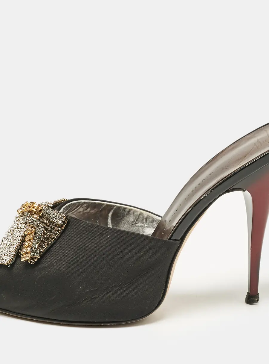Giuseppe Zanotti Black Satin Crystal Embellished Mules Size 38.5