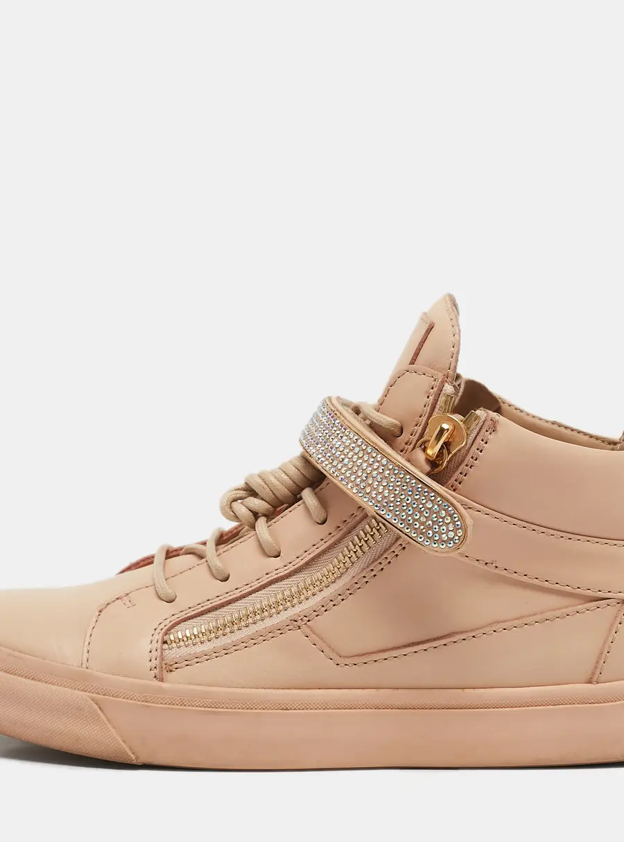 Giuseppe Zanotti Beige Leather Crystal Embellished Coby High Top Sneakers Size 40