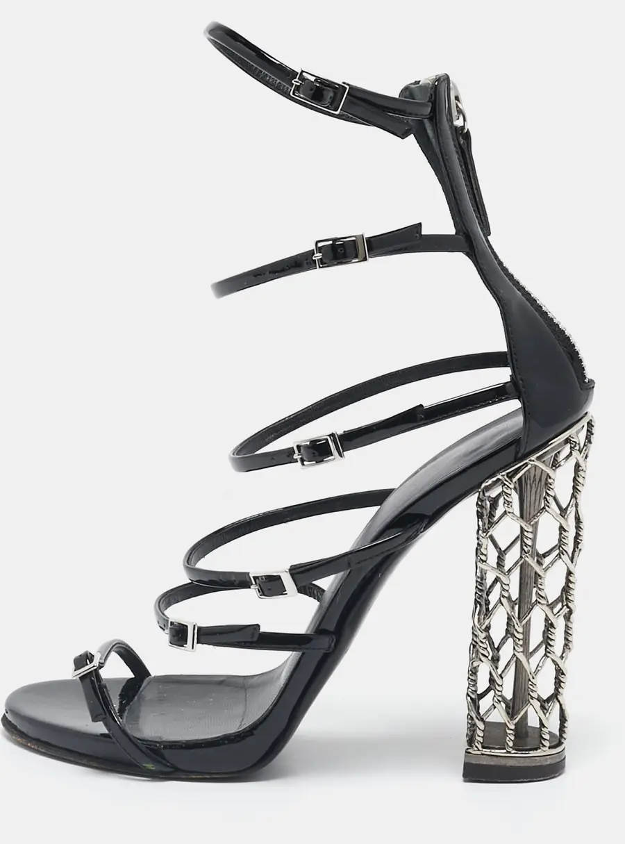 Giuseppe Zanotti Black Patent Leather Lauren Metal Cage Heel Strappy Sandals Size 38.5