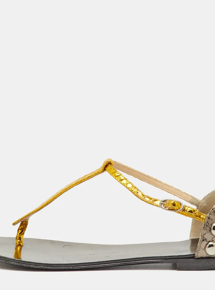 Giuseppe Zanotti Metallic Yellow/Grey Python Embossed Leather Flat Thong Sandals Size 36