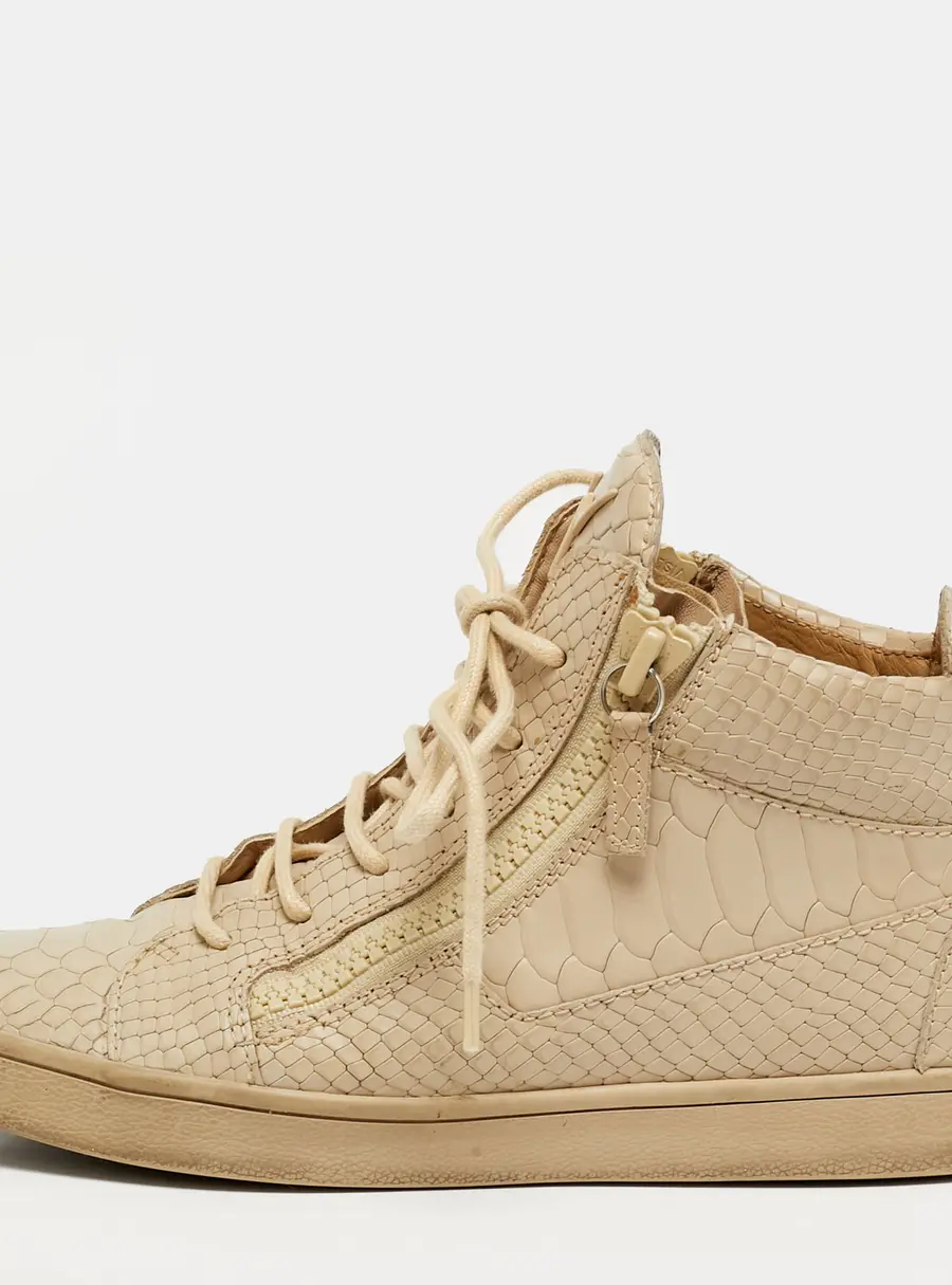 Giuseppe Zanotti Kriss Size 38.5 Beige Croc Embossed Leather Lace Up Sneakers