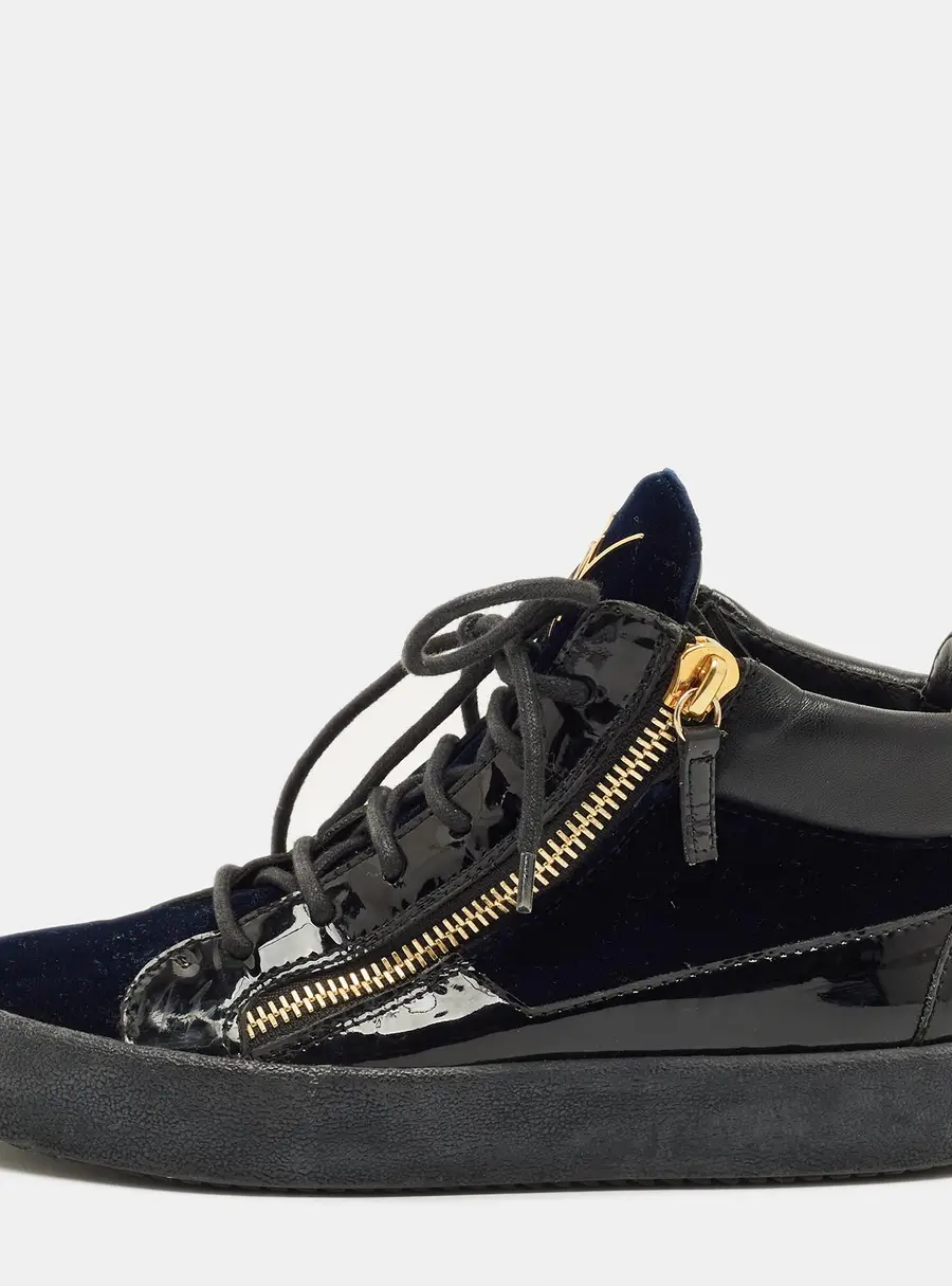 Giuseppe Zanotti Size 38 Navy Blue/Black Patent Leather and Velvet High Top Sneakers