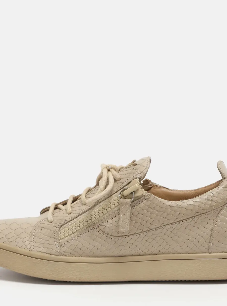 Giuseppe Zanotti Size 39.5 Beige Python Embossed Leather Zip Low Top Sneakers