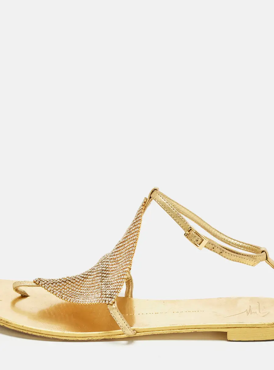Giuseppe Zanotti Size 39 Gold Crystals and Leather Thong Ankle Strap Flats